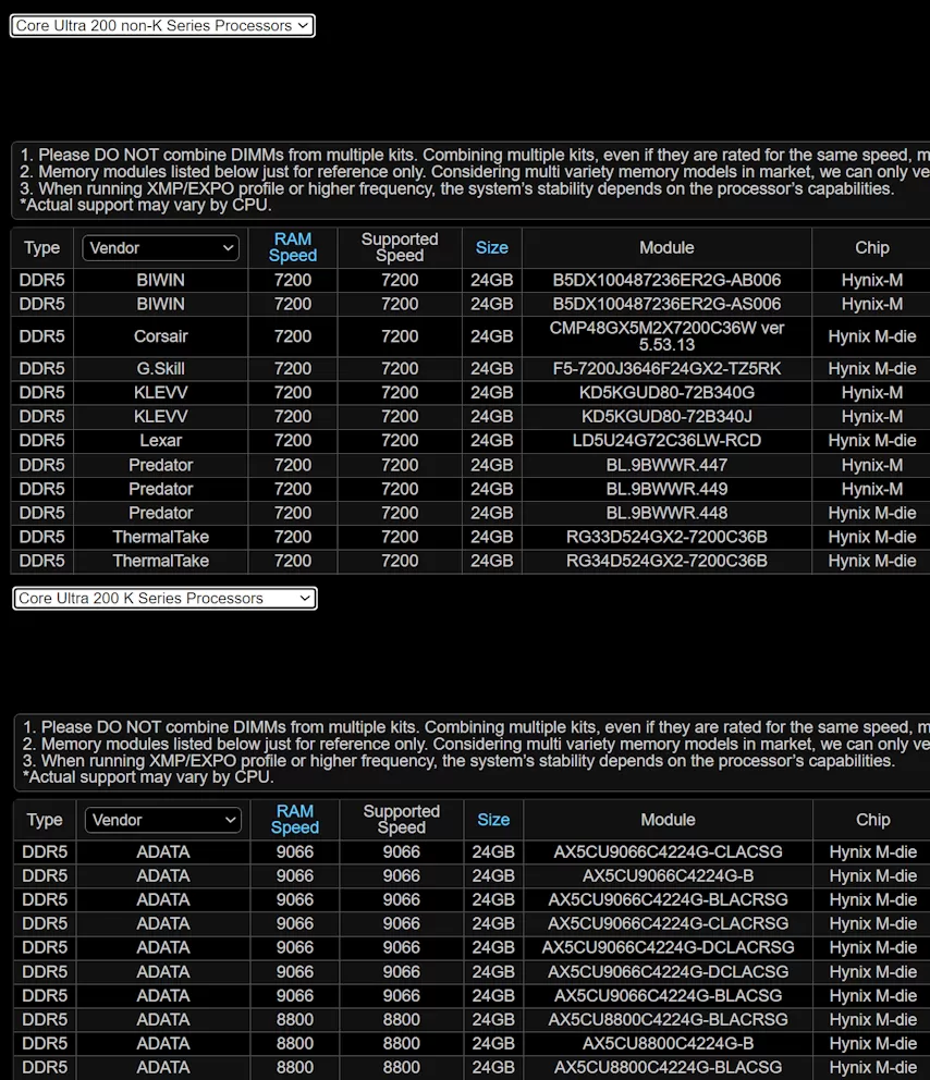 intel core ultra 200 ram k vs non k