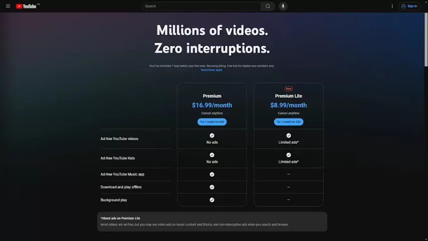 youtube premium lite